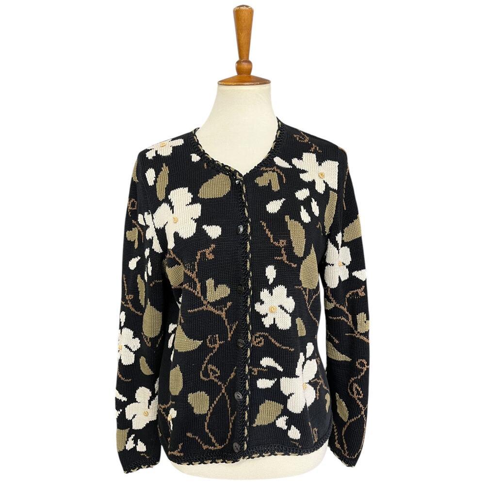 Peruvian Connection Daisy Floral Knit Art-to-Wear Cardigan Sweater Size Medium